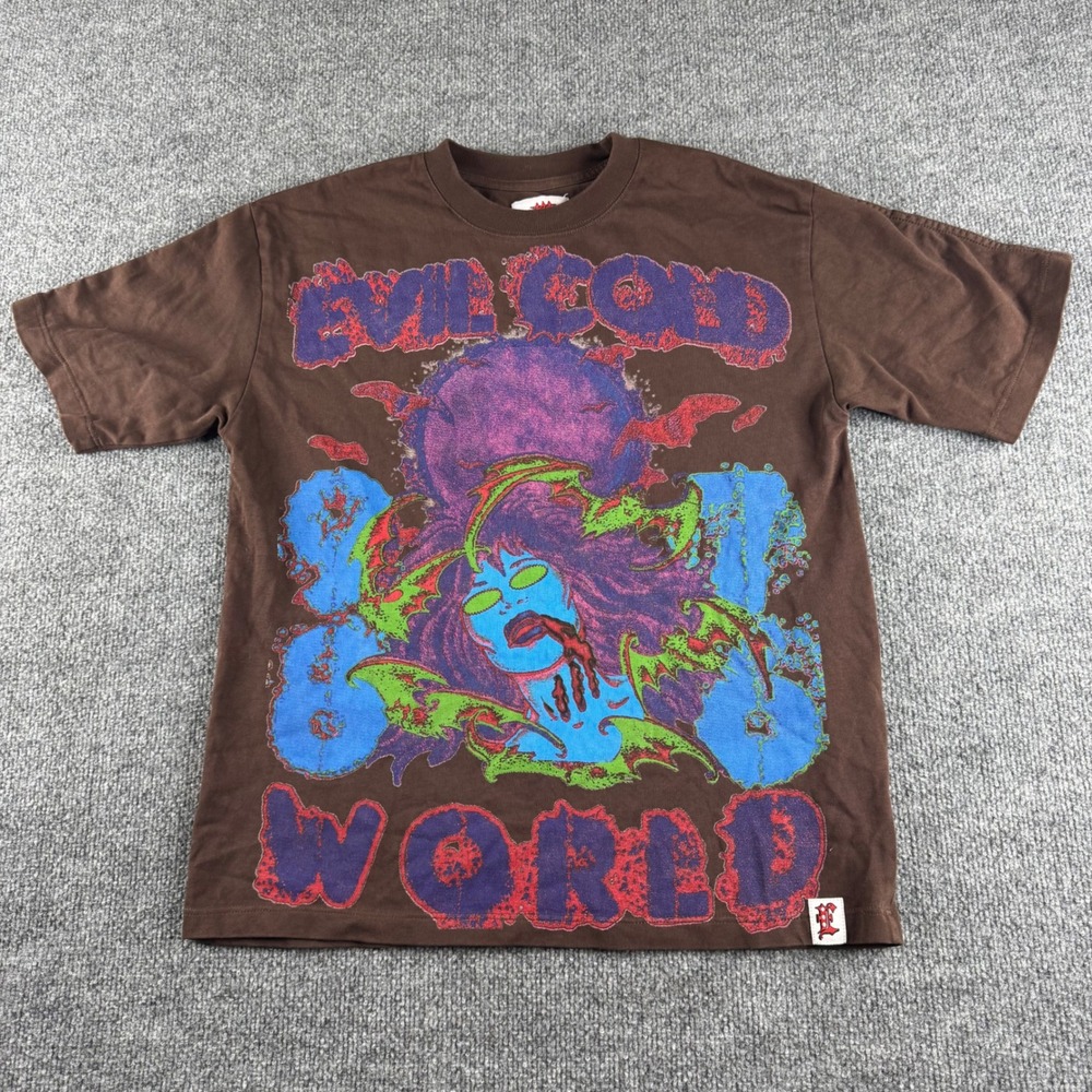 Evil Cold World Graphic T-Shirt Mens Small Brown Streetwear Statue of Liberty